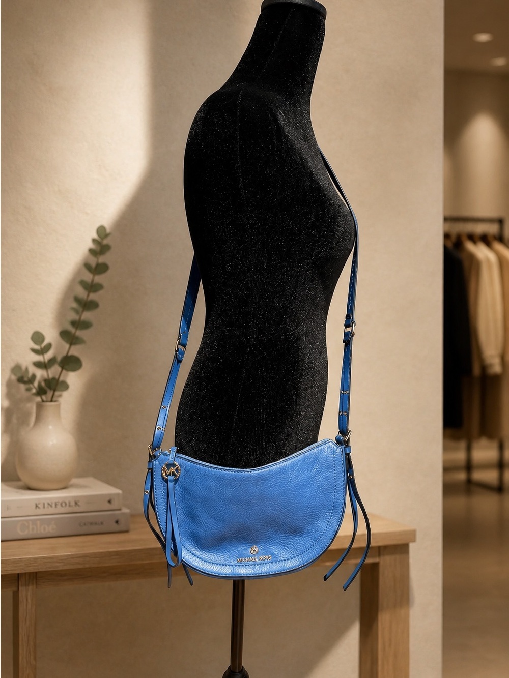 Michael Kors Vintage Bright Blue Leather Crescent Crossbody Bag